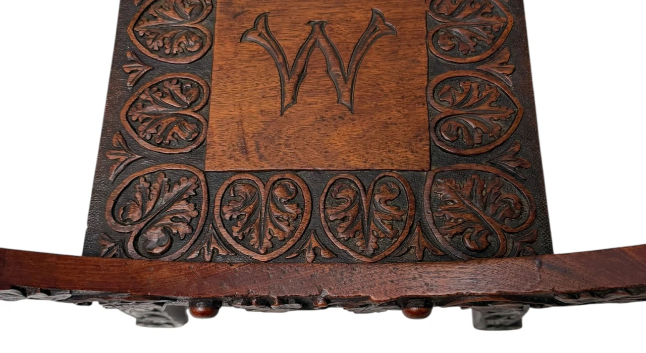 Art Nouveau Walnut Savonarola Hand-Carved Stool, 1900s